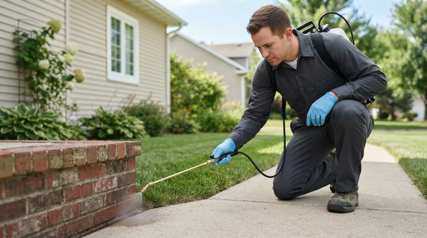Pest control technician treating a home near New Haven, IL