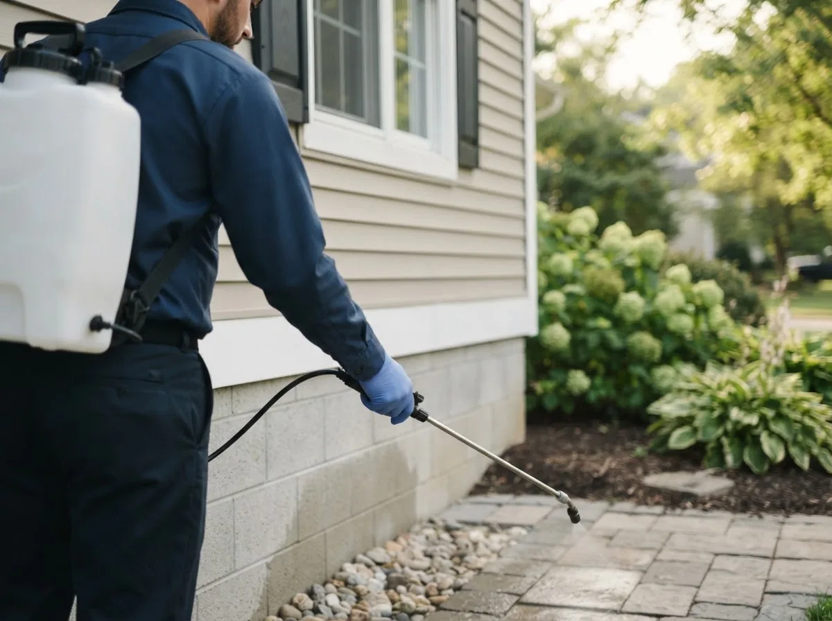 Pest control technician inspecting a home in New Haven, IL